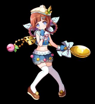 1girl black_background blue_bow blue_eyes blue_gloves blue_shorts blunt_bangs blush bow bowtie braid breasts brown_hair brown_shoes closed_mouth crop_top diagonal-striped_bow flats full_body gloves hand_on_own_cheek hand_on_own_face hat highres holding holding_spoon jelly_(merc_storia) merc_storia merc_storia_art_team navel official_art pink_bow shirt shoes short_shorts shorts simple_background sleeveless sleeveless_shirt small_breasts solo spoon standing striped_bow tachi-e tareme thighhighs white_hat white_thighhighs