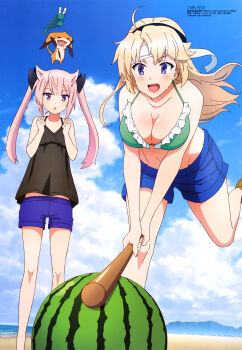 Rule 34 | 10s, 2girls, absurdres, ahoge, beach, bikini, bikini top only, blonde hair, blunt bangs, breasts, cleavage, dress, food, foreshortening, frilled bikini, frills, from below, fruit, green bikini, highres, kohagura ellen, legs apart, mashiko kaoru, megami magazine, midriff peek, mimata hiroshi, mountainous horizon, multiple girls, nene (toji no miko), official art, outdoors, parted bangs, pink hair, short shorts, shorts, stick, suikawari, sundress, swimsuit, toji no miko, triangle mouth, watermelon