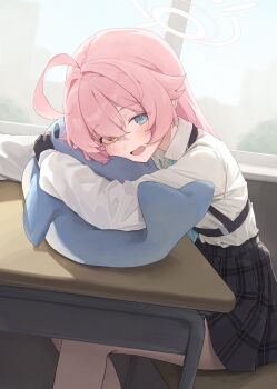 1girl absurdres ahoge aqua_necktie arm_on_table black_gloves blue_archive blue_eyes blush chair classroom collared_shirt desk fingerless_gloves from_side gloves hair_between_eyes halo heterochromia highres hoshino_(blue_archive) hugging_doll hugging_object long_hair long_sleeves looking_at_viewer necktie open_mouth pink_hair pink_halo pleated_skirt school_chair school_desk shirt skirt solo springrain_06 stuffed_whale white_shirt yellow_eyes