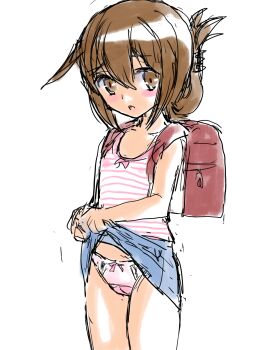 artist_request backpack bag blush brown_eyes brown_hair clothes_lift cowboy_shot folded_ponytail hair_ornament hairclip highres inazuma_(kancolle) kantai_collection non-web_source open_mouth panties pink_panties red_bag skirt skirt_lift striped_clothes tank_top thighs underwear wringing_clothes wringing_skirt