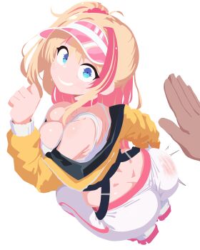 Rule 34 | 1boy, 1girl, absurdres, absurdres (user unwe3823), ass, blonde hair, blue eyes, breasts, commentary request, goddess of victory: nikke, highres, jacket, large breasts, liveryn (nikke), long hair, looking at viewer, looking back, mole, mole on cheek, multicolored hair, nervous smile, pants, pink hair, pov, pov hands, side ponytail, slap mark, smile, spanked, squatting, two-tone hair, visor cap, white background, white pants, yellow jacket