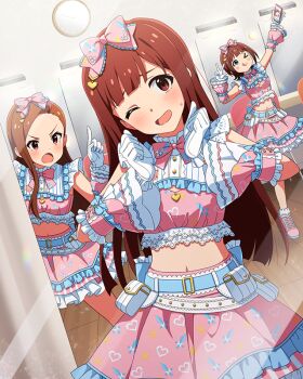 >_o 3girls amami_haruka belt blue_belt blush bow bowtie brown_eyes brown_hair cellphone commentary_request detached_sleeves game_cg gloves hair_bow heart heart_print holding holding_phone idolmaster idolmaster_(classic) idolmaster_million_live! idolmaster_million_live!_theater_days idolmaster_starlit_season index_finger_raised long_hair midriff minase_iori multiple_girls navel official_alternate_costume official_art one_eye_closed open_mouth phone pink_bow pink_bowtie pink_skirt print_skirt selfie skirt smartphone standing straight_hair sweatdrop sweet_dolls_(idolmaster) tanaka_kotoha third-party_source v-shaped_eyebrows white_gloves