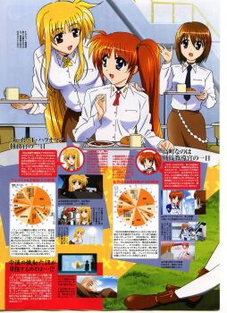 3girls blonde_hair blue_eyes breasts brown_hair chart collared_shirt couple fate_testarossa food happy highres large_breasts long_hair looking_at_another lyrical_nanoha magazine_scan mahou_shoujo_lyrical_nanoha mahou_shoujo_lyrical_nanoha_strikers medium_hair military military_uniform multiple_girls official_art okuda_yasuhiro orange_hair pantyhose red_eyes scan schedule shirt side_ponytail smile takamachi_nanoha very_long_hair white_shirt yagami_hayate yuri