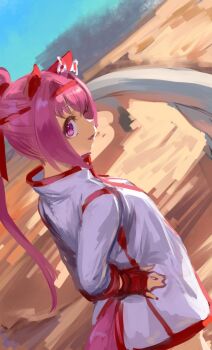 1girl animal_ears bow breasts commentary_request ear_bow ear_covers fingerless_gloves flower-shaped_pupils flower_in_eye gloves hairband haru_urara_(bestest_prize)_(umamusume) haru_urara_(umamusume) headband highres horse_ears horse_girl horse_tail inishie_kumo jacket long_hair open_mouth pink_eyes pink_hair pink_headband ponytail red_gloves red_headband shirt smile solo symbol-shaped_pupils symbol_in_eye tail umamusume white_jacket white_shirt