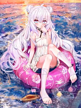 +_+ 1girl a1u absurdres azur_lane blue_eyes commentary criss-cross_halter double_bun dress hair_bun halterneck hand_up highres innertube le_malin_(azur_lane) long_hair looking_at_viewer socks solo stirrup_legwear swim_ring toeless_legwear very_long_hair wavy_hair white_dress white_hair white_socks