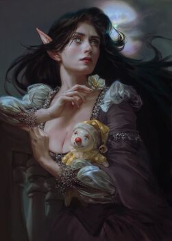 1girl absurdres bella_bergolts black_hair breasts character_request clown colored_sclera copyright_request doll dress elf flower highres long_hair long_pointy_ears moon pointy_ears realistic smile solo white_eyes