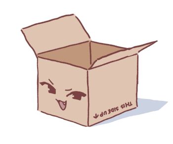 :3 :d box cardboard_box commentary english_commentary fang looking_at_viewer mesugaki no_humans open_mouth orenjipiiru orenjipiiru_smug_face original simple_background smile tagme v-shaped_eyebrows white_background