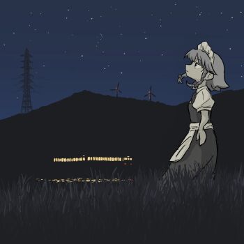 1girl apron blue_sky bow braid closed_mouth commentary_request dress expressionless full_body grass grey_theme hair_bow highres izayoi_sakuya looking_afar maid maid_headdress mountain night outdoors puffy_short_sleeves puffy_sleeves short_hair short_sleeves sky solo sri_1127 standing star_(sky) starry_sky touhou train transmission_tower twin_braids waist_apron windmill