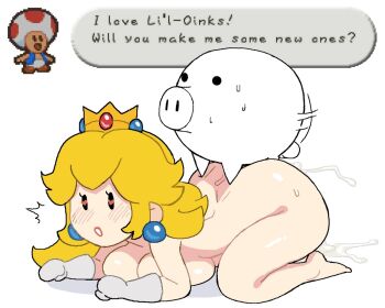 1girl 2boys ^^^ all_fours back barefoot bestiality black_eyes blank_eyes blonde_hair blue_vest blush breast_press breasts brown_footwear clenched_hands crown cum cum_pool dimples_of_venus doggystyle earrings elbow_gloves english_text eyelashes full_body gameplay_mechanics gloves hard-degenerate heart heart-shaped_pupils jewelry large_breasts li'l_oink lips long_hair mario_(series) motion_lines multiple_boys nintendo nude open_mouth cum_overflow paper_mario paper_mario_64 parted_lips pig polka_dot princess_peach sex sex_from_behind shadow shiny_skin speech_bubble sweat symbol-shaped_pupils testicles toad_(mario) vest white_gloves