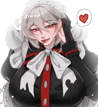 1girl alexandrina_sebastiane black_dress black_gloves breasts dress food food_in_mouth gloves grey_hair hair_between_eyes highres huge_breasts lips long_hair looking_at_viewer maid maid_headdress partially_fingerless_gloves pocky pocky_day pocky_in_mouth red_eyes rururuna_san smile upper_body white_background zenless_zone_zero