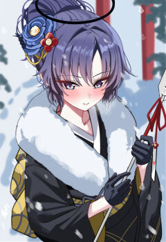 1girl absurdres alternate_costume arrow_(projectile) black_halo black_kimono blue_archive blue_flower blush closed_mouth commentary commentary_request flower fur-trimmed_kimono fur_trim hair_bun hair_flower hair_ornament halo highres holding holding_arrow japanese_clothes kimono looking_at_viewer mango_(mango0208) obi purple_eyes purple_hair red_flower red_pupils sash smile solo yellow_sash yuuka_(blue_archive)