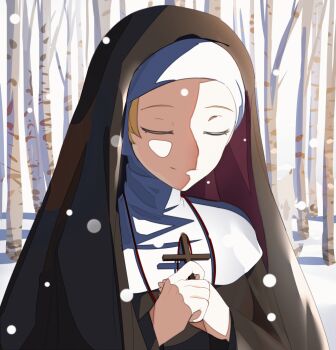 1girl animated animated_gif black_dress blonde_hair breasts closed_eyes commentary cross dress english_commentary forest holding holding_cross looping_animation lumpychan medium_breasts nature nun original smile snow snowing solo upper_body