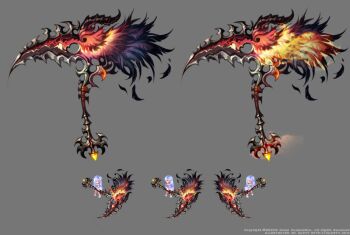 3girls artist_name benya_(tales_weaver) black_feathers black_horns blue_hair blue_shirt caesty chain commentary_request company_name copyright_notice dated_commentary english_text feathers fire flaming_weapon flower full_body grey_background hair_flower hair_ornament holding holding_scythe horns korean_commentary lily_(flower) long_hair multiple_girls nexon official_art production_art reference_sheet scythe shirt shoes simple_background standing straight_hair tales_weaver watermark weapon web_address white_flower