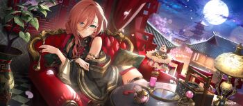 1girl armlet black_dress black_jacket blue_eyes braid braided_ponytail china_dress chinese_clothes closed_mouth commentary_request copyright_name couch double-parted_bangs dress earrings full_moon hair_between_eyes highres holding holding_smoking_pipe hololive indoors jacket jewelry kito_koruta long_hair long_hair_between_eyes looking_at_viewer low_side_ponytail lying moon night night_sky official_alternate_costume official_alternate_hairstyle official_art on_couch pink_hair sky sleeveless sleeveless_dress smile smoking_pipe solo takane_lui takane_lui_(china_dress) thigh_strap virtual_youtuber