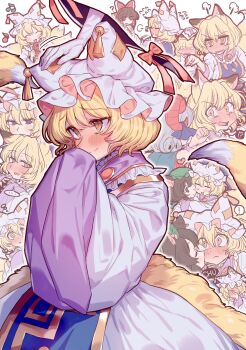 ... 5girls :d =_= ? @_@ ^_^ animal_ear_fluff animal_ears beamed_eighth_notes blonde_hair blue_tabard blush bow brown_hair cat_ears cat_girl chen closed_eyes closed_mouth commentary_request covering_face curly_hair dress eighth_note flying_sweatdrops fox_ears fox_girl fox_tail full-face_blush gap_(touhou) gloves green_hat grey_hair hair_between_eyes hair_bow hair_tubes hakurei_reimu hands_in_opposite_sleeves hat headpat heart highres horns kiss kissing_cheek kitsune kyuubi long_hair long_sleeves masanaga_(tsukasa) mob_cap multiple_girls multiple_tails musical_note open_mouth puff_of_air purple_eyes red_bow red_horns sheep_horns short_hair smelling smile spoken_ellipsis tabard tail touhou toutetsu_yuuma wagging_finger white_dress white_gloves white_hat wide_sleeves yakumo_ran yakumo_yukari yellow_eyes yuri