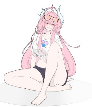 Rule 34 | 1girl, absurdres, aemeath (wuthering waves), ahoge, alternate costume, amebrew, barefoot, black shorts, blush, breasts, commentary, eyewear on head, hair intakes, highres, huge ahoge, knee up, large breasts, long hair, looking at viewer, navel, orange-tinted eyewear, orange eyes, pink hair, shirt, short sleeves, shorts, simple background, sitting, smile, solo, star-shaped pupils, star (symbol), stomach, sunglasses, symbol-shaped pupils, tied shirt, tinted eyewear, toes, very long hair, white background, white shirt, wuthering waves