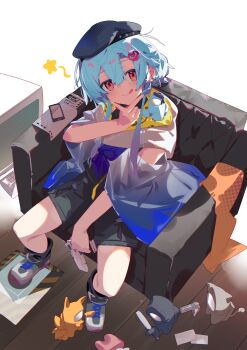 1boy :p absurdres among_us arknights backlighting black_hat black_shorts blue_hair cellphone chair clothing_cutout commentary controller crewmate_(among_us) full_body gradient_hair hat highres holding holding_controller hood hoodie l_hand looking_at_viewer mizuki_(arknights) multicolored_hair oldsix111 phone pink_eyes poncho purple_hair shoes short_hair_with_long_locks shorts shoulder_cutout smile sneakers solo_focus symbol-only_commentary tongue tongue_out