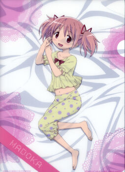 1girl absurdres arms_up bed_sheet character_name full_body hair_ribbon highres incredibly_absurdres kaname_madoka lying mahou_shoujo_madoka_magica non-web_source official_art on_back on_bed open_mouth pajamas pink_eyes pink_hair polka_dot polka_dot_pajamas red_ribbon ribbon scan self-scan short_hair short_twintails smile solo twintails yellow_pajamas