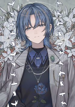Rule 34 | 1girl, absurdres, black sweater, blue eyes, blue hair, blue shirt, closed mouth, collared shirt, commentary, earclip, eyelashes, floral background, flower, grey background, grey jacket, highres, hiodoshi ao, hiodoshi ao (1st costume), hololive, hololive dev is, jacket, jacket partially removed, jewelry, looking at viewer, medium hair, mole, mole under mouth, narrowed eyes, necklace, oshiri seijin, pinstripe jacket, pinstripe pattern, reverse trap, shirt, solo, striped clothes, striped jacket, sweater, upper body, v-neck, vertical-striped clothes, vertical-striped jacket, virtual youtuber, white flower, wolf cut