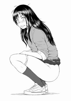 ass black_hair blush cardigan clenched_teeth embarrassed from_side full_body highres kneehighs long_hair looking_at_viewer monochrome nose_blush original panties panty_pull pleated_skirt school_uniform shoes skirt sneakers socks squatting sweatdrop teeth thighs tokai underwear