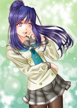 Rule 34 | 1girl, :d, black pantyhose, blue hair, breasts, collared shirt, commentary request, cowboy shot, green background, grey sailor collar, grey skirt, hand on own opposite hip, high ponytail, highres, long sleeves, looking at viewer, love live!, love live! sunshine!!, matsuura kanan, medium breasts, minami (vivace re 373), miniskirt, open mouth, pantyhose, pink eyes, pleated skirt, ponytail, sailor collar, school uniform, serafuku, shirt, skirt, smile, solo, standing, uranohoshi school uniform, watermark, white shirt, winter uniform