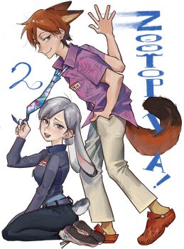 ! 1boy 1girl animal_ears animification badge belt black_pants blue_necktie blush breasts character_name closed_mouth collared_shirt copyright_name crocs floral_print fox_boy fox_ears fox_tail from_side full_body green_eyes grey_hair hair_bun half-closed_eyes hand_in_pocket hand_up hawaiian_shirt highres holding holding_necktie humanization jacket judy_hopps leaf_print long_sleeves looking_at_viewer medium_breasts min_do-sik necktie nick_wilde open_mouth orange_hair pants purple_belt purple_eyes purple_jacket purple_shirt rabbit_ears rabbit_girl rabbit_tail red_shoes seiza shirt shoes short_hair short_sleeves simple_background sitting smile socks standing star_(symbol) star_print tail teeth white_background white_pants white_shoes yellow_socks zipper zootopia