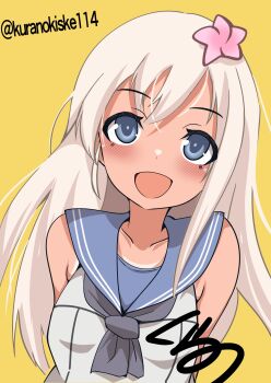 1girl black_neckerchief blonde_hair blue_eyes blue_sailor_collar commentary_request dark-skinned_female dark_skin flower hair_flower hair_ornament highres kantai_collection kurano_kisuke long_hair neckerchief one-hour_drawing_challenge one-piece_tan orange_background ro-500_(kancolle) sailor_collar sailor_shirt shirt signature sleeveless sleeveless_shirt smile solo tan tanline twitter_username upper_body