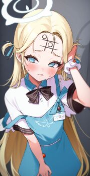 Rule 34 | 1girl, absurdres, apron, black bow, blonde hair, blue apron, blue archive, blue eyes, blush, body writing, bow, closed mouth, hand in own hair, highres, id card, long hair, looking at viewer, salty gana, scrunchie, shirt, sidelocks, solo, sora (blue archive), sweatdrop, tears, tic-tac-toe, white scrunchie, white shirt, wrist scrunchie