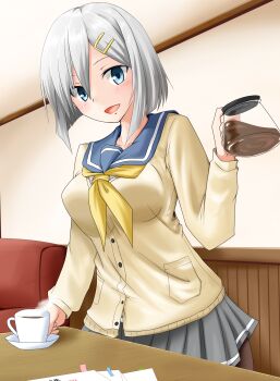 10s 1girl :d absurdres black_pantyhose blue_eyes breasts cardigan chair coffee coffee_mug coffee_pot couch cup disposable_cup eyes_visible_through_hair female_focus hair_ornament hair_over_one_eye hairclip hamakaze_(kancolle) highres holding indoors kantai_collection large_breasts mug neckerchief office open_mouth pantyhose papers pleated_skirt sailor_collar saucer school_uniform serafuku short_hair silver_hair skirt smile solo sweater tachi_(mtd) teacup yellow_neckerchief