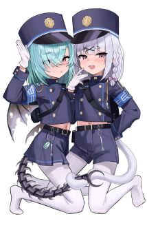 2girls absurdres blue_archive blue_hair commentary_request gloves highres kensiejan midriff_peek multiple_girls original pantyhose purple_eyes red_eyes train_conductor vampire white_background white_gloves white_hair white_pantyhose