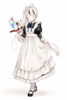1boy ahoge alternate_costume apron black_dress black_shoes blue_ribbon closed_eyes closed_mouth crossdressing crossdressing_(mtf) dress enmaided frilled_apron frills full_body gloria_(project_moon) highres holding holding_tray juliet_sleeves library_of_ruina long_hair long_sleeves maid maid_headdress male_focus male_maid multicolored_hair neck_ribbon project_moon puffy_sleeves ribbon shoes simple_background socks solo streaked_hair tray very_long_hair white_apron white_background white_hair white_socks y_o_u_k_a yan_vismok