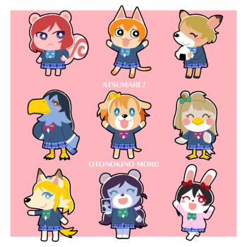 6+girls :&lt; :3 ^_^ animal_crossing animal_ears arablue arm_up arms_up ayase_eli beak bear_ears bear_girl bird_girl blazer blonde_hair blue_eyes blunt_bangs blush_stickers bow bright_pupils brown_eyes brown_hair card cat_ears cat_girl checkered_clothes checkered_skirt chibi chibi_only closed_eyes deer_ears deer_girl dog_ears dog_girl everyone food fox_ears fox_girl furry furry_female hair_between_eyes hair_bow hand_on_own_hip highres holding holding_card holding_food hoshizora_rin jacket koizumi_hanayo kosaka_honoka long_hair love_live! love_live!_school_idol_project low_twintails minami_kotori multiple_girls nintendo nishikino_maki one_eye_closed onigiri open_mouth orange_hair otonokizaka_school_uniform outline parody ponytail purple_eyes purple_hair rabbit_ears rabbit_girl red_eyes red_hair romaji_text school_uniform shirt short_hair side_ponytail simple_background skirt smile sonoda_umi squirrel_ears squirrel_girl swept_bangs tail tojo_nozomi twintails white_shirt yazawa_nico