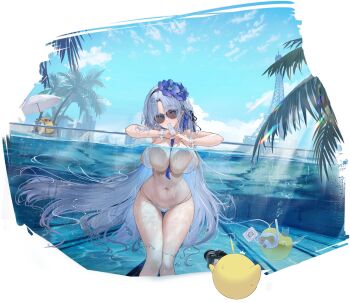 1girl against_glass alsace_(azur_lane) alsace_(heat_beating_summer_sacrament)_(azur_lane) azur_lane baby_animal bare_shoulders between_breasts bikini bird black_ribbon blue_hair blue_necktie blue_sky blurry blurry_background blush bracelet breast_press breasts breasts_on_glass chick day detached_collar dot_nose eiffel_tower feifeifeihai flower food hair_flower hair_ornament hair_ribbon hair_spread_out hands_up highres holding holding_food holding_popsicle holding_sign jewelry large_breasts light_blue_hair long_hair manjuu_(azur_lane) nail_polish navel necktie necktie_between_breasts non-web_source nose_blush official_alternate_costume official_art outdoors palm_tree parted_bangs partially_submerged popsicle raised_eyebrows ribbon sign skindentation sky sunglasses swimsuit thigh_gap thighs tree underwater very_long_hair wavy_mouth white_bikini