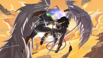 Rule 34 | 2boys, absurdres, angel wings, battle, black jacket, blue fire, cape, chain, character request, crossover, death battle, demon, divine spawn, feathered wings, fire, flaming skull, ghost rider, ghost rider (series), gloves, glowing, glowing eyes, green eyes, highres, image comics, jacket, marvel, mask, multiple boys, notstrykon, skull, spawn (comic), spawn (spawn), spikes, superhero costume, white wings, wings, zarathos