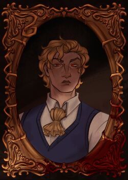 1boy absurdres ascot blonde_hair blood_on_object blue_sweater_vest collared_shirt commentary dio_brando donniipao english_commentary highres jojo_no_kimyou_na_bouken looking_at_viewer male_focus official_alternate_costume phantom_blood red_eyes shirt solo sweater_vest white_shirt yellow_ascot