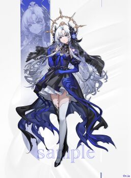 1girl absurdres artist_name bare_shoulders black_dress black_shoes black_thighhighs black_veil blue_eyes blue_gloves breasts commission dress elbow_gloves full_body gloves grey_hair hair_between_eyes hair_ornament high_heels highres long_hair looking_at_viewer medium_breasts mihuashi_commission mismatched_thighhighs official_style original parted_lips sample_watermark shoes solo thighhighs thighs v.ia veil very_long_hair watermark white_thighhighs wuthering_waves