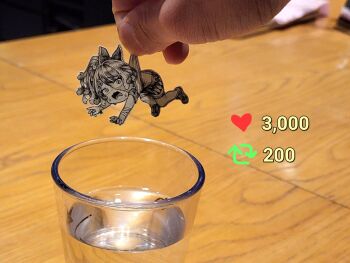 Rule 34 | 1girl, 1other, bandages, bow, carrying, frown, glass, hair bow, hair ornament, hairclip, highres, hololive, hololive indonesia, jqhnharqld, kureiji ollie, like and retweet, open mouth, paper child, papercraft (medium), photo (medium), shorts, stitched face, stitches, sweat, unconventional media, virtual youtuber, water, zombie