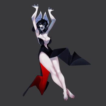 1girl 2025 3d animal_ears animated arms_up bare_arms bare_legs bat_ears bat_girl black_dress black_eyeshadow black_hair black_lips blender_(medium) borrowed_character breasts cleavage_cutout clothing_cutout commentary crossed_legs dress english_commentary eva_(semlgrim) eyeshadow feet female_focus floating_hair full_body grey_background half-closed_eyes hands_up highres large_breasts looking_at_viewer makeup mercurialforge mole mole_under_eye monster_girl nail_polish niking open_mouth original pointy_nose red_eyes reference_work side_slit simple_background slit_pupils solo toenail_polish toenails toes video
