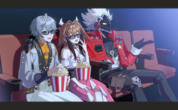 Rule 34 | 1girl, 2boys, absurdres, artist request, billy kid, black pants, brown hair, chair, chinese clothes, closed eyes, cross-laced clothes, cross-laced top, food, frilled shirt, frills, glasses, grey hair, hairband, hand on another's shoulder, highres, humanoid robot, jacket, long hair, long skirt, movie theater, multiple boys, open mouth, pants, pink nails, pink skirt, popcorn, red jacket, robot, shirt, short hair, sitting, skirt, watching movie, white hair, white hairband, white pants, white shirt, wise (soaring crane) (zenless zone zero), wise (zenless zone zero), ye shunguang, ye shunguang (touch of dawnlight), yellow eyes, zenless zone zero