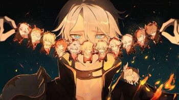 1boy 1girl aglaea_(honkai:_star_rail) anaxa_(honkai:_star_rail) armor artist_name black_choker black_shirt blue_eyes castorice_(honkai:_star_rail) cerydra_(honkai:_star_rail) choker chrysos_heirs_(honkai:_star_rail) cipher_(honkai:_star_rail) commentary crying crying_with_eyes_open cyrene_(demiurge)_(honkai:_star_rail) cyrene_(honkai:_star_rail) dan_heng_(honkai:_star_rail) dan_heng_(permansor_terrae)_(honkai:_star_rail) embers evernight_(honkai:_star_rail) fire hair_between_eyes hands_up highres honkai:_star_rail honkai_(series) hyacine_(honkai:_star_rail) hysilens_(honkai:_star_rail) looking_at_viewer male_focus march_7th_(honkai:_star_rail) mini_person mini_person_on_shoulder minigirl moonya mydei_(honkai:_star_rail) neck_tattoo paper_doll_chain parted_bangs pauldrons phainon_(honkai:_star_rail) raised_eyebrows shirt short_hair shoulder_armor signature single_pauldron solo_focus sun_symbol sun_tattoo symbol-only_commentary tan tattoo tears tribbie_(honkai:_star_rail) upper_body white_hair