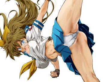 1girl auge_(akd) black_gloves blue_eyes blue_skirt borrowed_character bow bra bra_peek breasts brown_hair fingerless_gloves gloves glowing hair_bow highres kicking long_hair m.u.g.e.n midriff navel neckerchief nipples original panties pleated_skirt ponytail ryuko_(oggyoggy) school_uniform serafuku short_sleeves simple_background skirt solo torn_clothes underwear white_background yellow_bow yellow_neckerchief