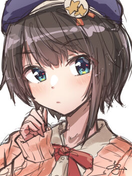 1girl beret blue_eyes blue_hat blush brown_hair cardigan closed_mouth commentary_request hat highres hololive looking_at_viewer official_alternate_costume oozora_subaru oozora_subaru_(casual) pink_cardigan shirt short_hair solo u_da_desu virtual_youtuber white_background white_shirt