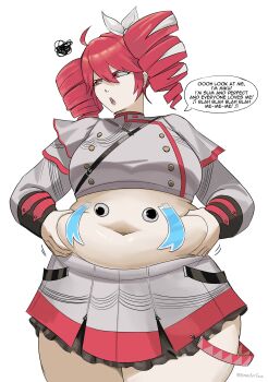 1girl absurdres ahoge alternate_body_size belly belly_grab belt big_belly black_belt breasts buttons commentary cosplay double-breasted drill_hair english_commentary english_text fat fat_rolls fat_woman googly_eyes grey_skirt gus_(emmarrgus) hair_between_eyes hand_on_own_stomach hatsune_miku hatsune_miku_(cosplay) highres kasane_teto kasane_teto_(sv) layered_skirt layered_sleeves lips long_sleeves looking_to_the_side medium_breasts mocking navel plump red_eyes red_hair red_skirt red_trim shirt shoulder_belt shoulder_boards simple_background skirt skirt_set solo speech_bubble synthesizer_v tape thick_thighs thighs twin_drills utau white_background