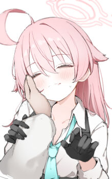 Rule 34 | 1boy, 1girl, ahoge, aqua necktie, black gloves, blue archive, chest harness, closed eyes, collarbone, commentary, fang, gloves, hair flaps, halo, hand on another's face, harness, hetero, highres, hoshino (blue archive), long hair, loose necktie, necktie, open collar, pink hair, pov, pov hands, school uniform, shirt, simple background, skin fang, straight hair, sweatdrop, upper body, very long hair, white background, white shirt, yuukun mk-ii