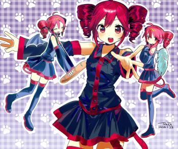 3girls :d :o ahoge angel_and_devil angel_wings baguette black_boots black_shirt black_skirt boots bread closed_eyes collared_shirt cowboy_shot demon_wings detached_sleeves drill_hair food full_body hands_on_own_chest hashtag-only_commentary highres holding holding_food kasane_teto leg_up looking_at_viewer midair multiple_girls multiple_persona number_tattoo open_mouth outstretched_arms paw_print paw_print_background reaching reaching_towards_viewer red_eyes red_thighhighs red_trim shirt sidelocks skirt sleeveless sleeveless_shirt smile solo_focus tanglaoban1225 tattoo thigh_boots thighhighs twin_drills utau wings zettai_ryouiki