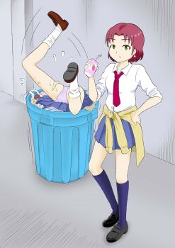 bare_legs buried highres inugami-ke_no_ichizoku_pose legs loafers lower_body original school_uniform shoes stuck tai_yi_duan trash_can