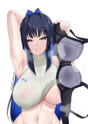 Rule 34 | 1girl, absurdres, amai-pai, areola slip, arm up, armpits, black bra, black hair, blue eyes, blue hair, bra, breasts, clothes lift, colored inner hair, commentary request, hair intakes, highres, holding, holding bra, holding clothes, holding underwear, hololive, hololive english, large breasts, looking at viewer, multicolored hair, ouro kronii, see-through, see-through shirt, shirt, shirt lift, simple background, sleeveless, sleeveless shirt, solo, steam, two-tone hair, underwear, virtual youtuber, white background, white shirt