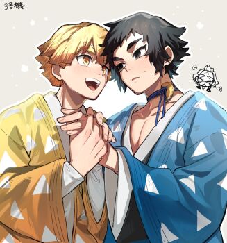 3boys agatsuma_zenitsu amtn_333 black_hair blonde_hair blue_haori blush chibi collarbone haori highres holding_hands japanese_clothes kaigaku kimetsu_no_yaiba kuwajima_jigorou looking_at_viewer male_focus multiple_boys old old_man pectoral_cleavage pectorals short_hair sweatdrop triangle_print upper_body yaoi yellow_eyes yellow_haori