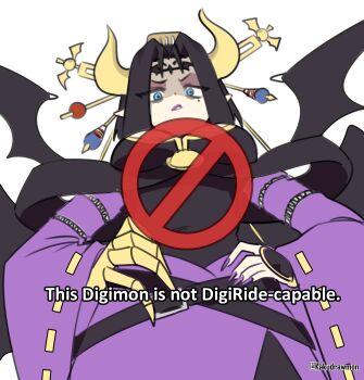 1girl absurdres black_wings breasts cleavage cowboy_shot demon_girl demon_horns demon_wings detached_sleeves digimon digimon_(creature) digimon_story:_time_stranger english_text eyeshadow facial_mark forehead_mark from_below gameplay_mechanics highres horns kakudrawmon large_breasts lilithmon looking_at_viewer looking_down low_wings makeup mole mole_under_eye multiple_wings purple_eyeshadow purple_lips purple_nails purple_skirt purple_sleeves simple_background skirt solo white_background wide_sleeves wings