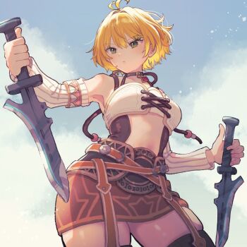 1girl bandeau blonde_hair chomo_(engawaparty) clothing_cutout detached_sleeves dual_wielding fiora_(xenoblade) from_below green_eyes holding holding_knife knife midriff short_hair skindentation skirt sky solo stomach_cutout thighhighs white_bandeau xenoblade_chronicles_(series) xenoblade_chronicles_1